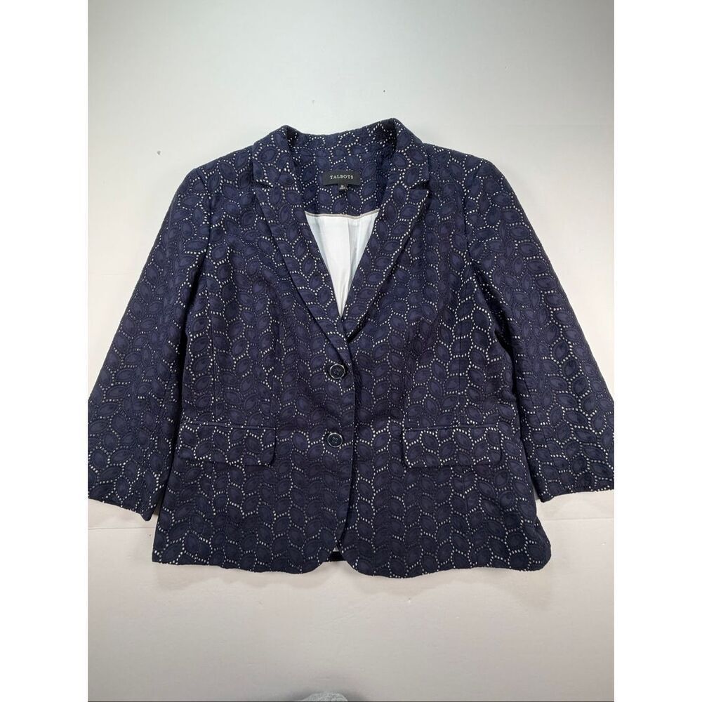 Talbots Navy Blue Eyelet Lace Blazer Womens Size 14 3/4 Sleeve Cotton Jacket